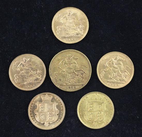 Five Victoria gold half sovereigns, (6)